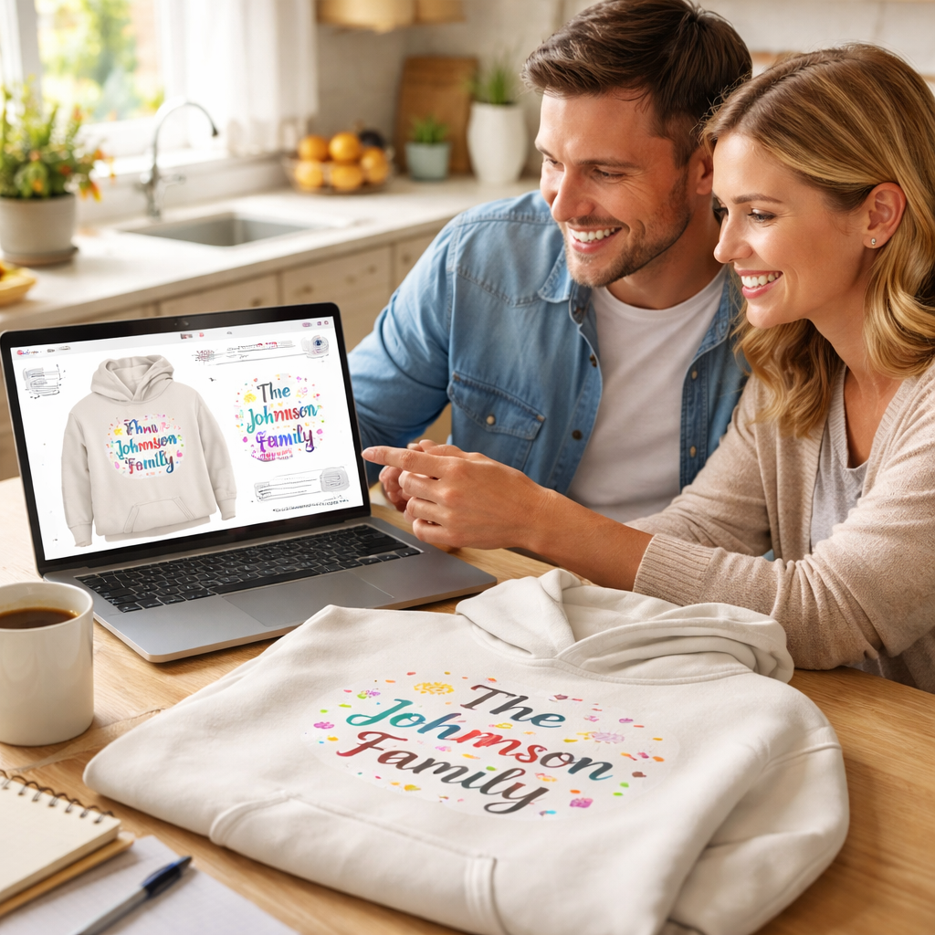 A photorealistic scene of a mom and dad sitting at a kitchen table, laptop open to a hoodie design tool, a colorful family name hoodie laid next to a mug, soft natural light, Realism style, appealing to moms, dads, teachers, and nurses. Alt: family name hoodie design on demand illustration.