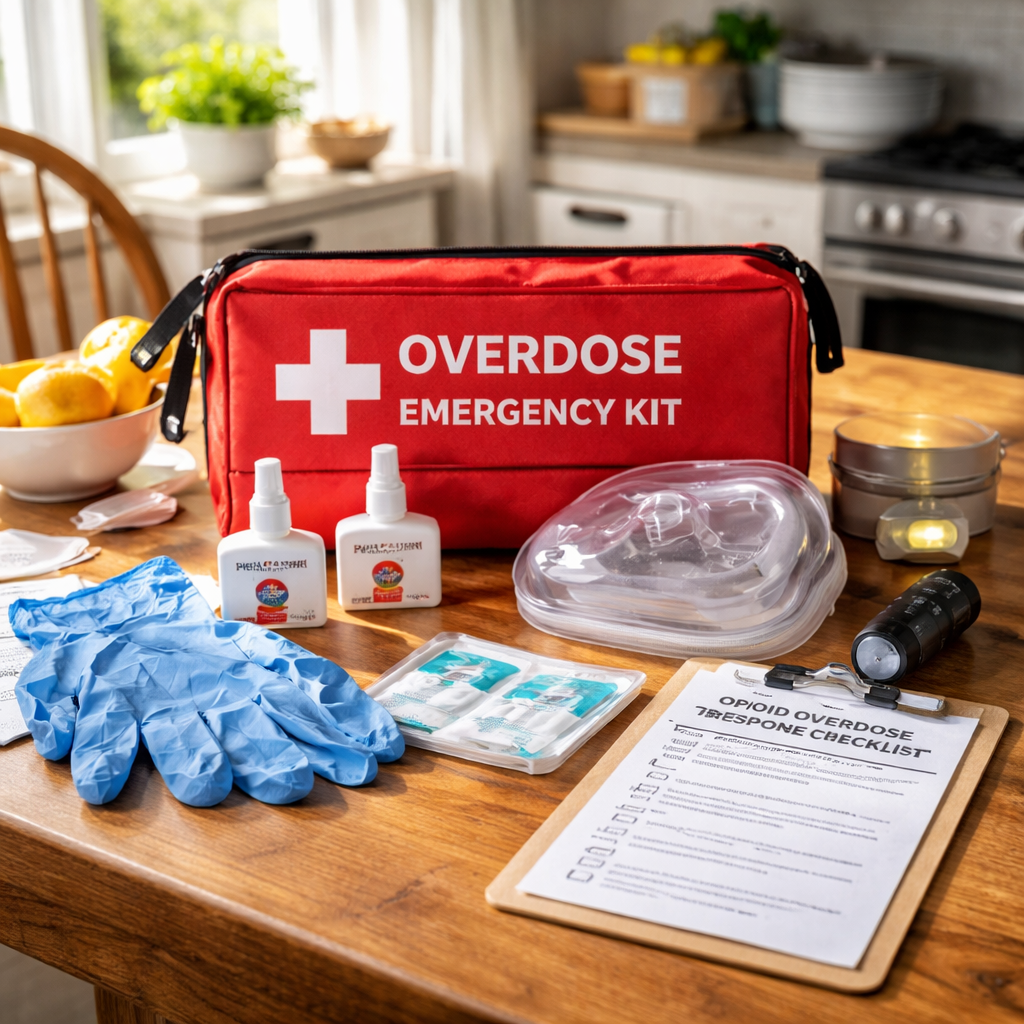 A photorealistic scene of a family kitchen table with a clearly organized overdose emergency kit, including naloxone spray, gloves, pocket mask, and flashlight, bright natural light, realistic style. Alt: family opioid overdose checklist kit on kitchen table.