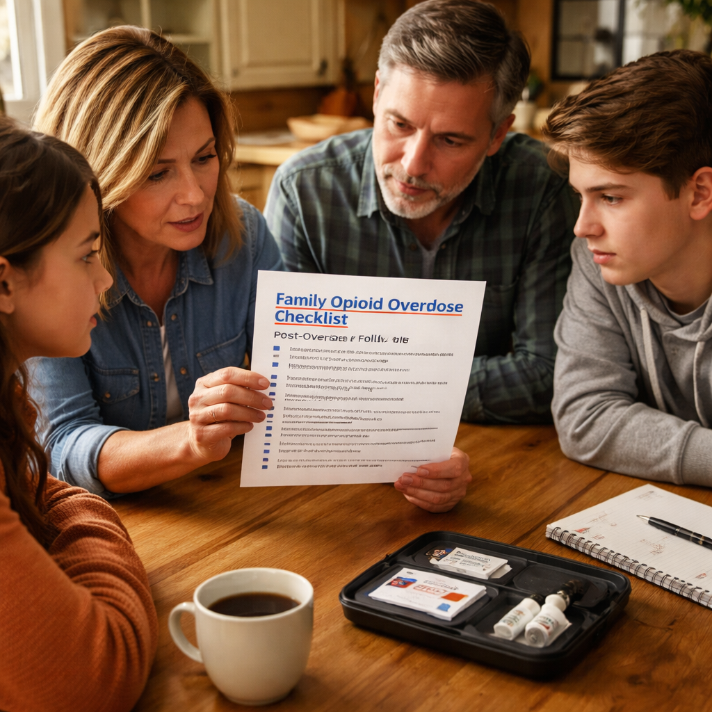 A photorealistic scene of a family gathered around a kitchen table reviewing a printed family opioid overdose checklist, with a naloxone kit and a notebook visible. Alt: family opioid overdose checklist post‑overdose follow‑up.