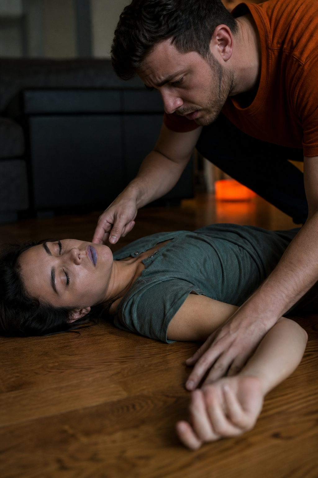 A photorealistic split scene showing a person lying on a floor, unresponsive, with blue-tinged lips and pale skin, while another person checks for breathing and pulse. Alt: Recognizing opioid overdose symptoms , unresponsive, shallow breathing, pinpoint pupils, blue lips.