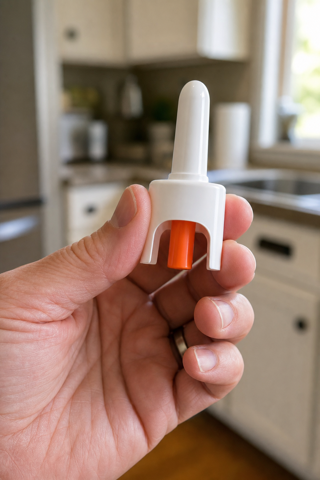 A realistic close-up of a hand holding a naloxone nasal spray device against a blurred kitchen background. Alt: Naloxone nasal spray kit for opioid overdose reversal in a home setting.
