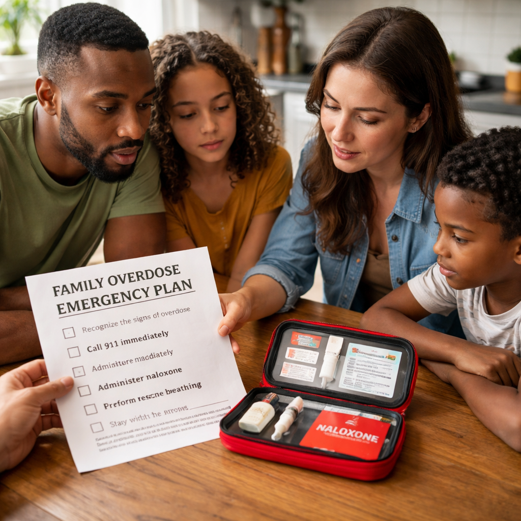 A photorealistic scene of a family gathered around a kitchen table, looking at a labeled naloxone kit and a printed checklist titled “Family Overdose Emergency Plan”. The image shows diverse family members, natural lighting, and a calm but urgent atmosphere. Alt: family overdose emergency plan checklist and naloxone kit in realistic style.