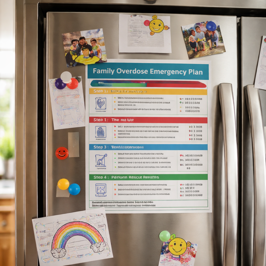 A photorealistic kitchen scene showing a family fridge with a printed quick‑reference table for a family overdose emergency plan, bright daylight, realistic lighting. Alt: Family overdose emergency plan quick reference table on fridge.