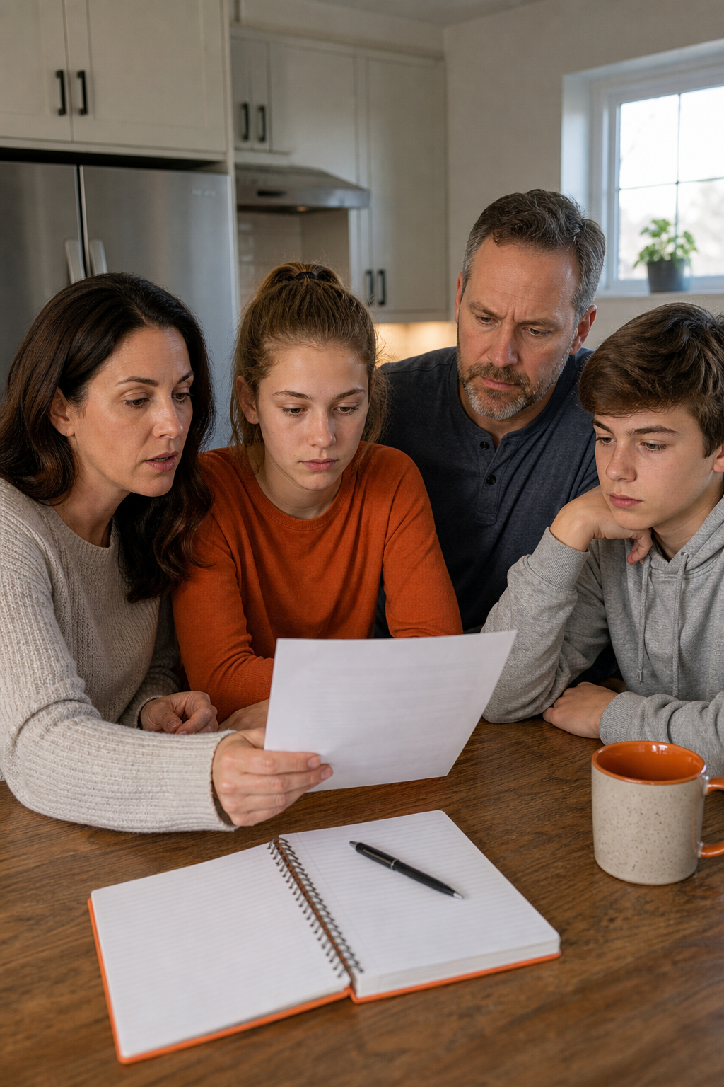 A realistic scene of a family gathered around a kitchen table, reviewing a printed checklist titled “Family Overdose Risk Factors.” The table shows a notebook, a pen, and a calm, attentive family. Alt: family overdose risk factors checklist