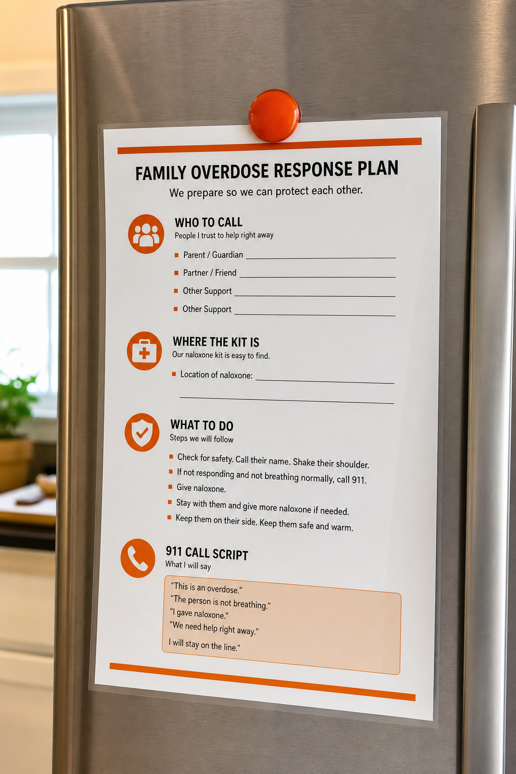 A realistic photo of a laminated, single‑page family overdose plan posted on a refrigerator door, showing clear sections for contacts, kit location, and a short 911 script. Alt: family overdose response plan on fridge