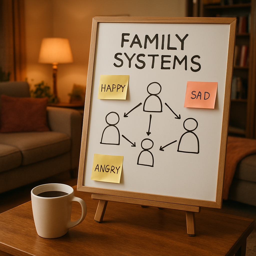 A warm, lived‑in family living room with a whiteboard showing a simple family systems diagram, sticky notes with emotions, and a cup of coffee on the table. Alt: family systems intervention visual mapping in a home setting.