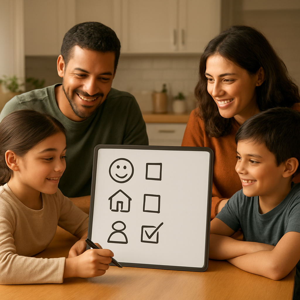 A family gathered around a kitchen table with a whiteboard displaying simple progress icons and checkboxes, showing a warm, supportive atmosphere. Alt: family systems intervention progress monitoring visual.