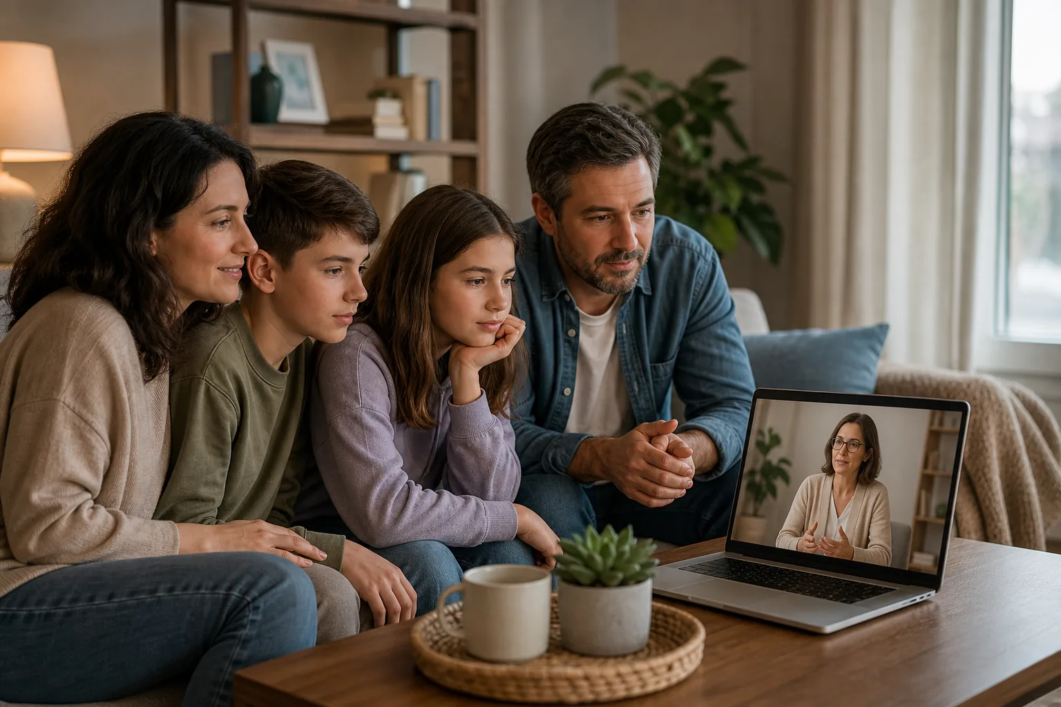 Illustration of a family attending an online counseling session