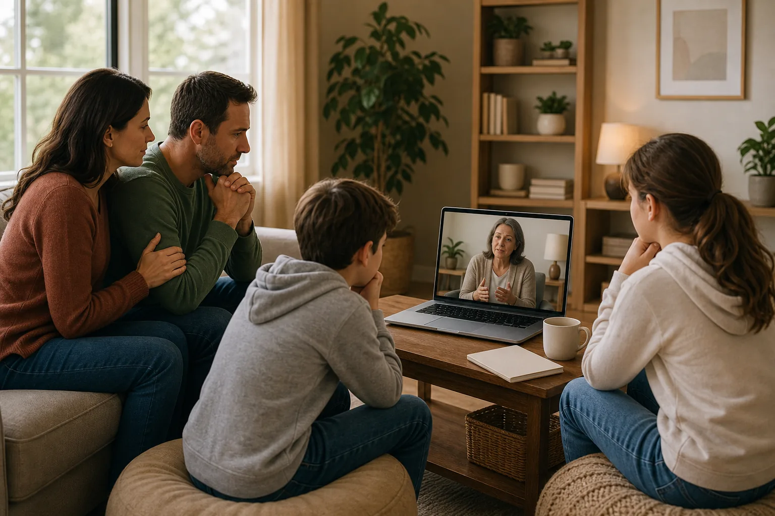 Illustration of a family speaking with an online therapist