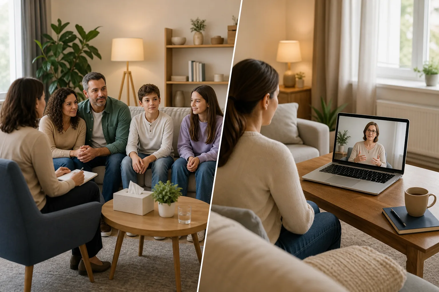 Illustration of in-person and online family counseling