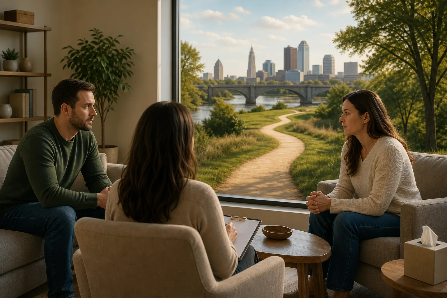 Illustration of a couple speaking with a counselor