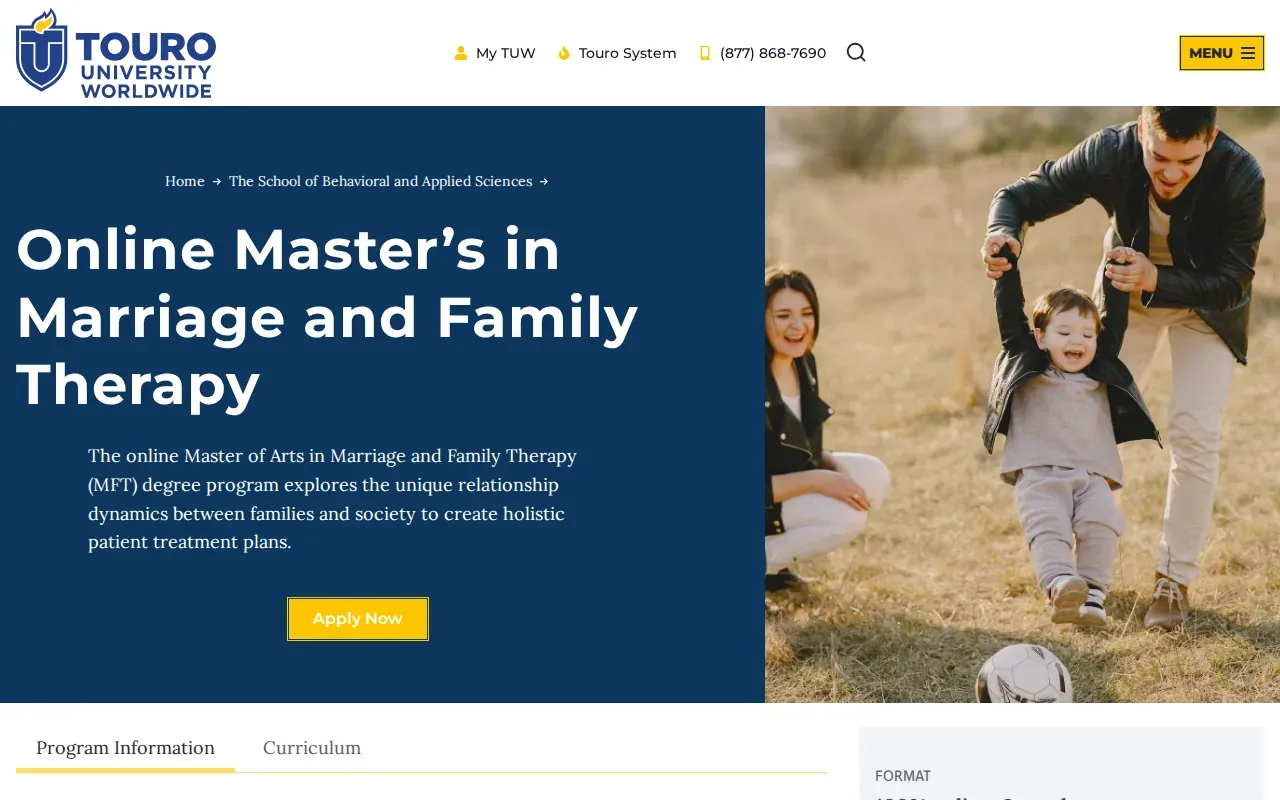Screenshot of the Online Master’s in Marriage and Family Therapy by Touro University Worldwide website