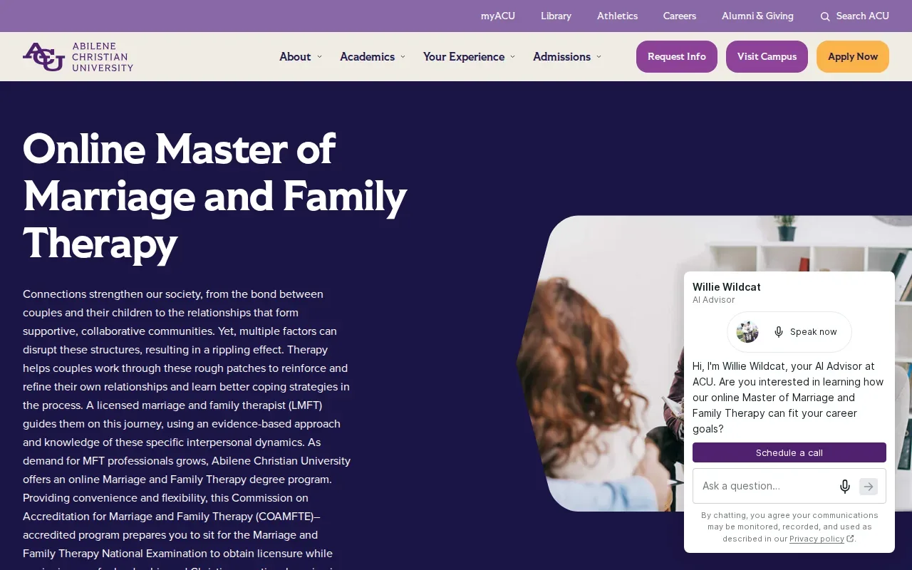 Screenshot of the Online Master of Marriage and Family Therapy by Abilene Christian University website
