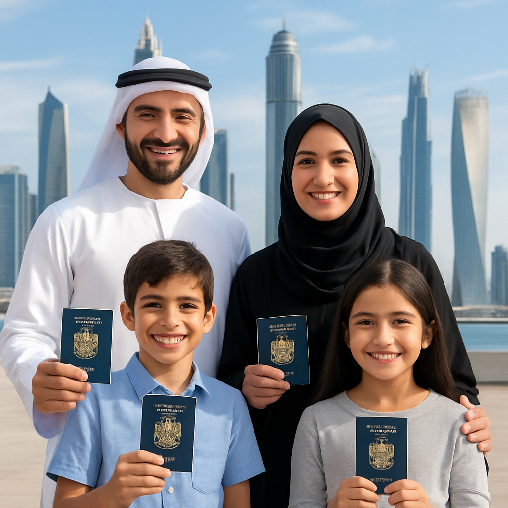 A family standing in front of a modern UAE skyline, holding passports and smiling, representing successful visa sponsorship. Alt: family visa sponsorship free zone company UAE success image