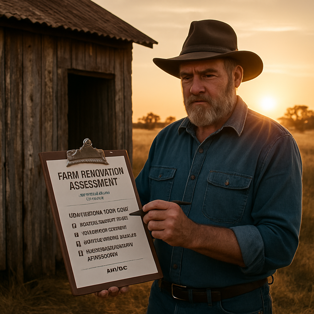 A farmer standing beside a weathered shed, holding a clipboard with a checklist, sun low on the horizon, illustrating the assessment phase of a farm renovation. Alt: farm renovation assessment checklist on rural property