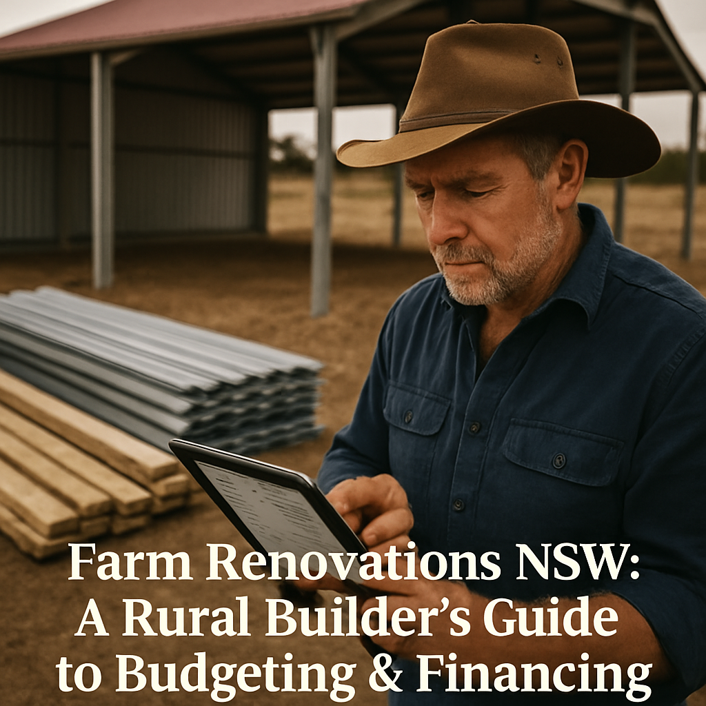 A farmer reviewing a budget spreadsheet on a tablet beside a half‑finished shed, with piles of steel decking and timber in the background. Alt: farm renovation builder nsw budgeting and financing guide