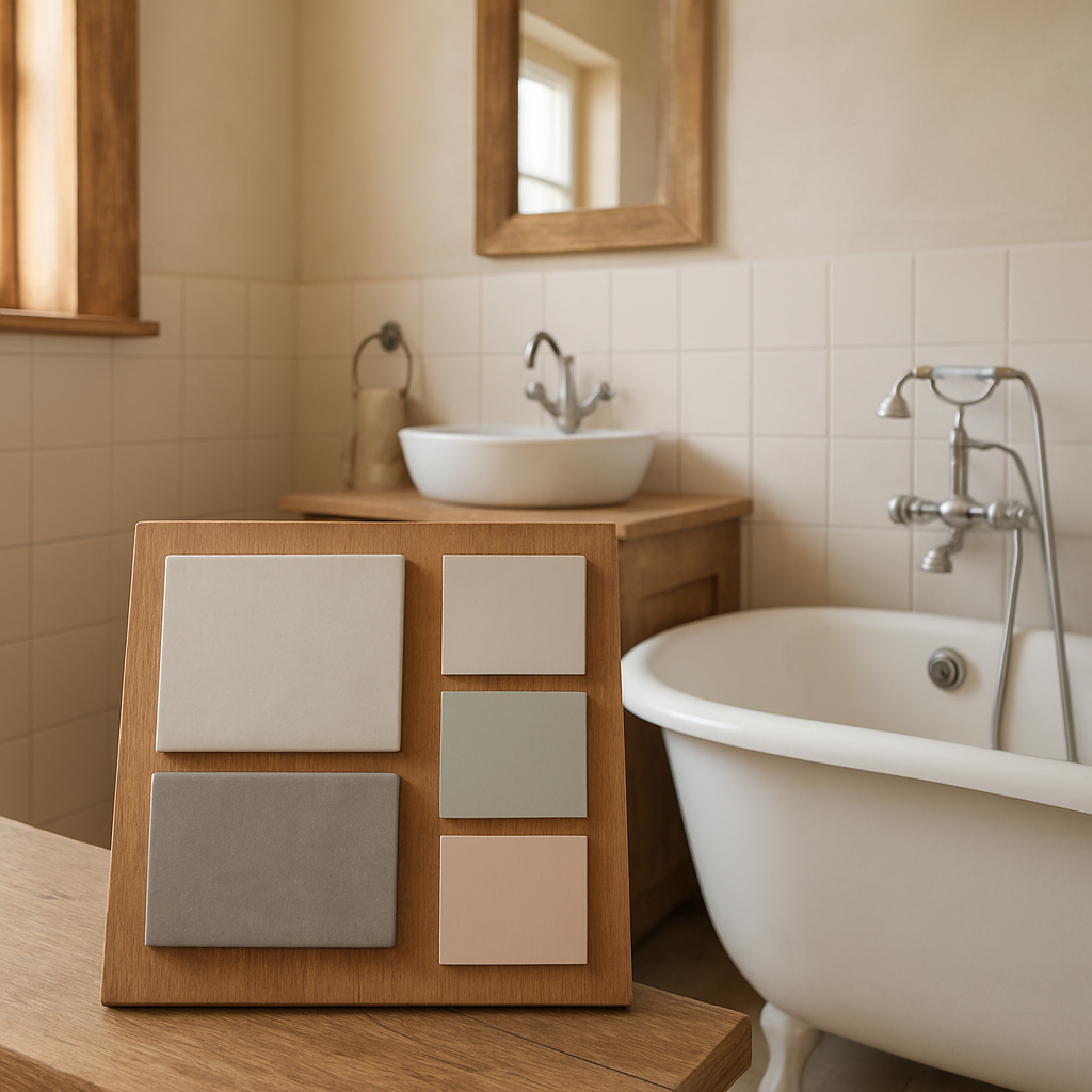 A warm farmhouse bathroom with a sample board of timber, matte tiles and pastel paint swatches. Alt: Farmhouse bathroom material samples and colour palette inspiration.