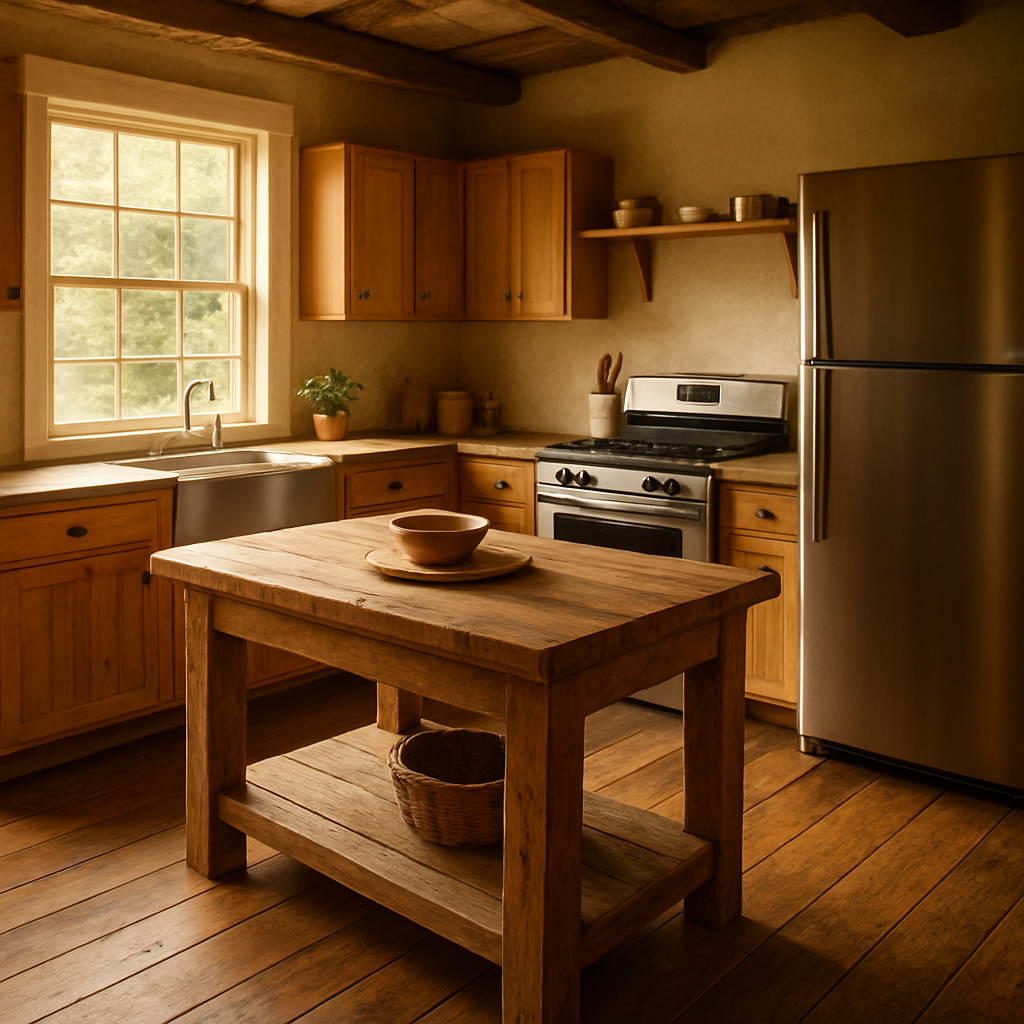 A warm, sunlit farmhouse kitchen with a sturdy timber island, reclaimed hardwood flooring, and a stainless‑steel prep bench, showing a clear workflow triangle of sink, stove, and fridge. Alt: farmhouse kitchen layout assessment with rustic details