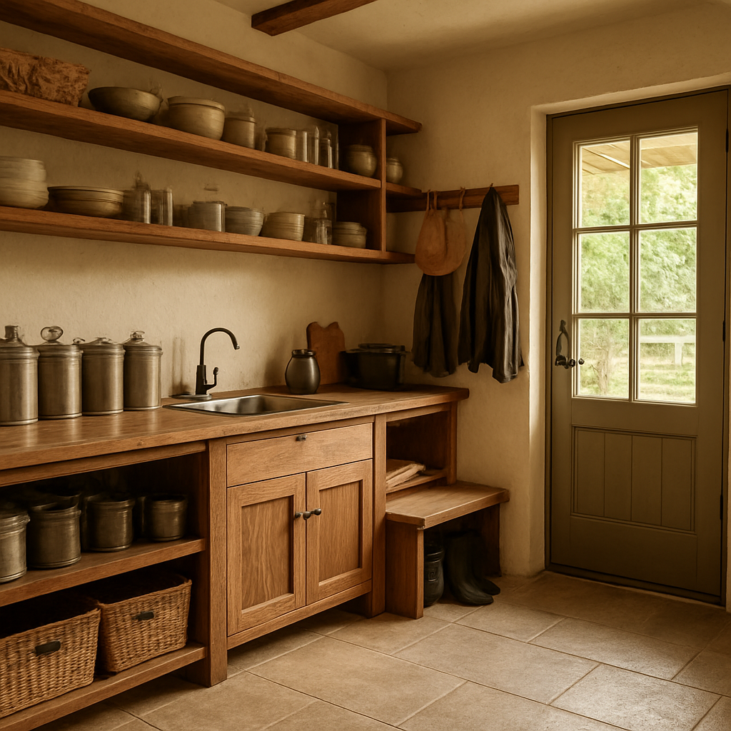 A farmhouse kitchen with open shelving, metal bins, a low timber bench with drawers, and a mud‑entry station by the back door, illustrating efficient storage and workflow for farm life. Alt: Optimising storage and workflows in a farmhouse kitchen renovation