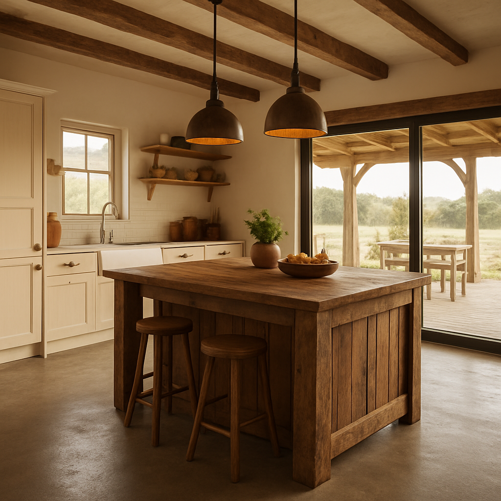 A warm, open‑plan farmhouse kitchen with a reclaimed timber island, concrete flooring, and large sliding doors opening to a covered patio. Alt: Open‑plan rustic farmhouse kitchen renovation ideas.