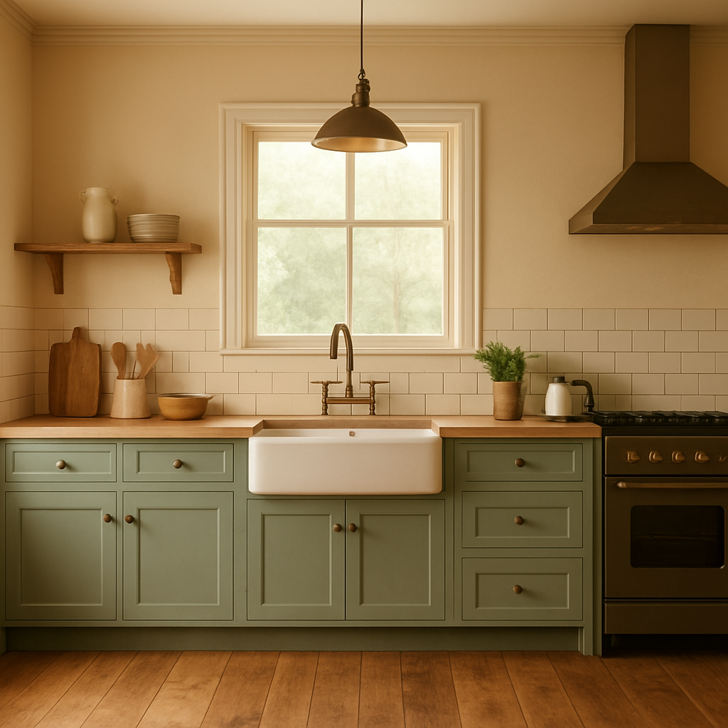 An inviting farmhouse kitchen bathed in a heritage‑style colour palette, featuring cream walls, sage lower cabinets, a warm timber floor, and brushed bronze fixtures. Alt: Heritage style farmhouse kitchen colour palette showcasing cream, sage, and warm timber accents.