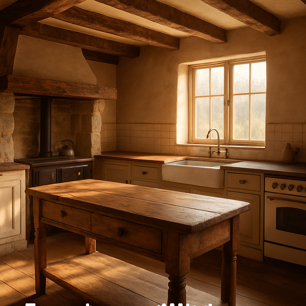 A warm farmhouse kitchen with reclaimed timber beams, a stone hearth and a rustic wooden workbench, early morning light spilling over the countertop. Alt: farmhouse kitchen renovations nsw layout heritage budget