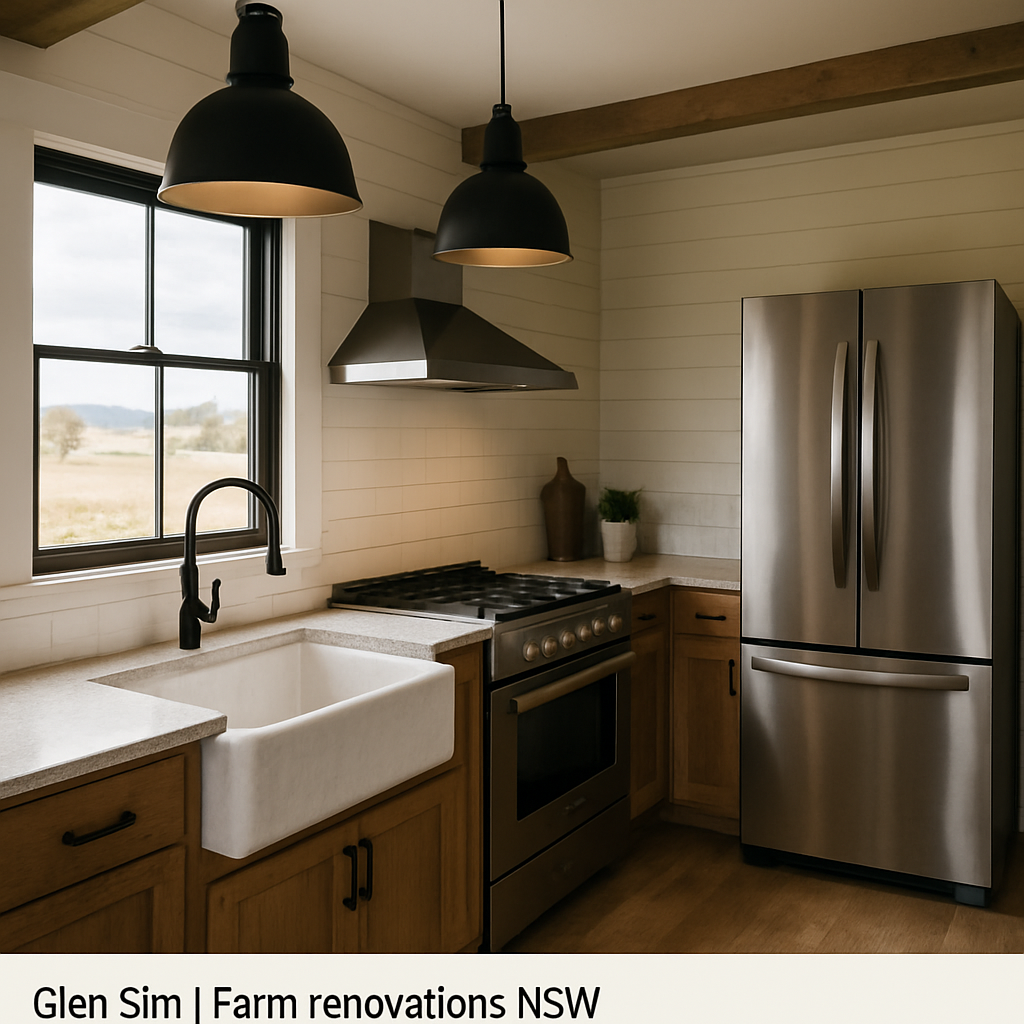A modern farmhouse kitchen in a rural NSW setting, showing a gas range, stainless fridge, pendant lights and a deep utility sink with a pull‑down sprayer. Alt: farmhouse kitchen appliances and fixtures for NSW farm renovations