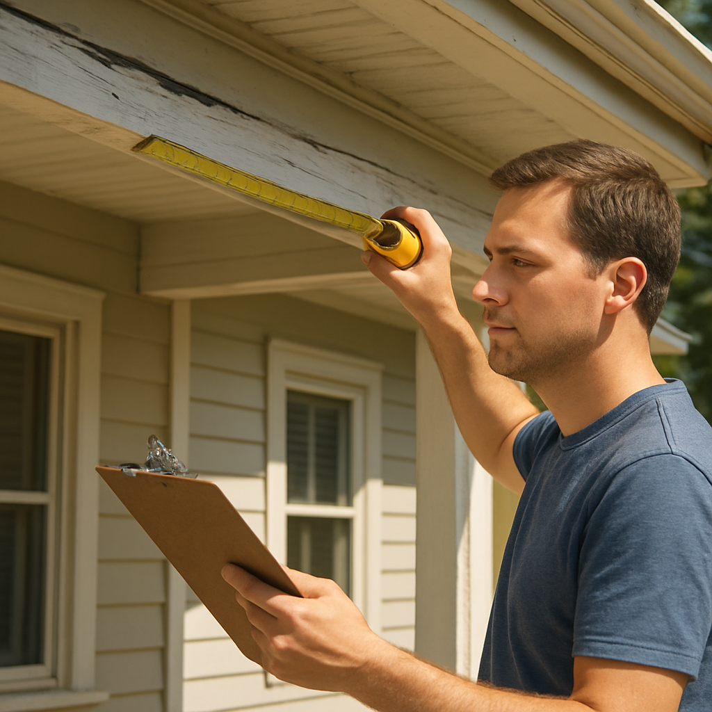A homeowner measuring a warped fascia board on a sunny porch, with a clipboard and tape measure in hand. Alt: Measuring fascia board for replacement