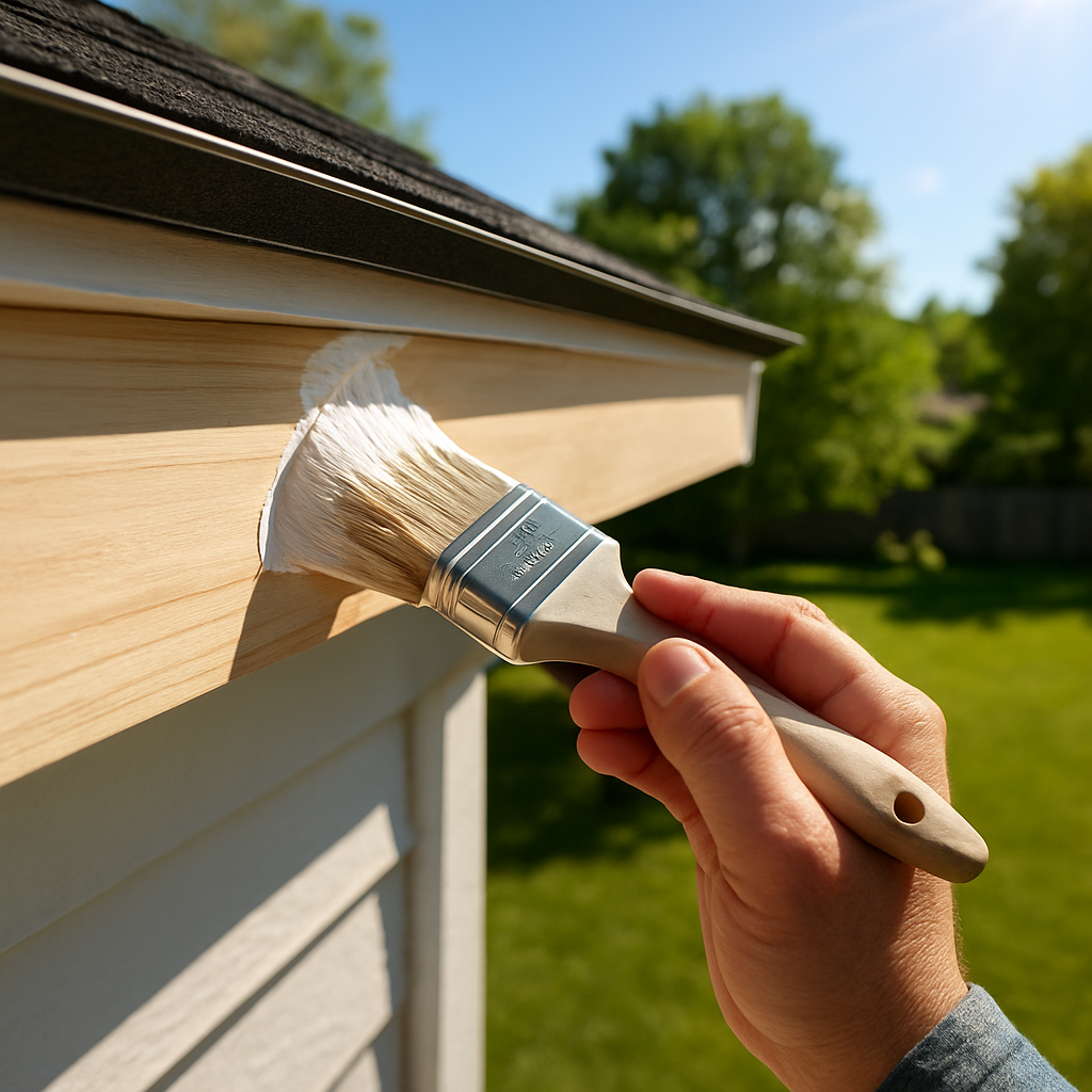 A homeowner applying sealant to a newly installed fascia board, showing a close‑up of the sealant brush and the board's edge, with a bright, sunny backyard in the background. Alt: applying sealant to fascia board.