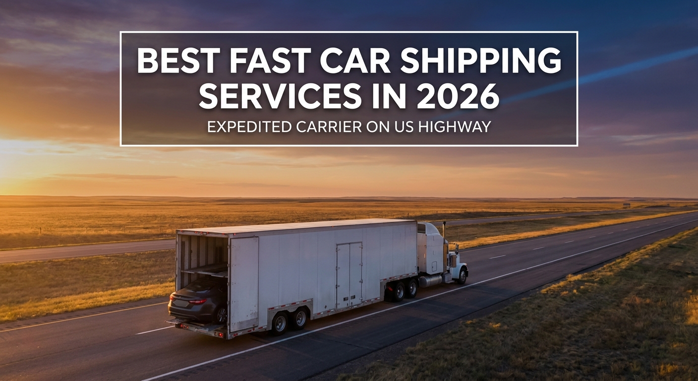 A photorealistic scene of a white enclosed car transport truck on an open American highway at golden hour, with a sedan loaded on the carrier and flat plains stretching behind it. Brand color #4981CA used as an accent in the sky tones. Alt: Dispatch Dudes expedited car shipping carrier on US highway.