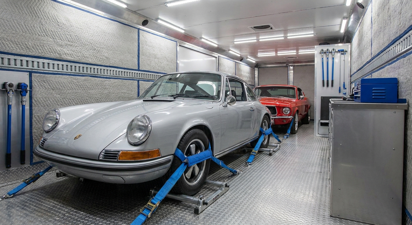 A photorealistic interior shot of an enclosed auto transport trailer with two classic cars secured on padded wheel cradles under bright overhead lighting. Alt: Enclosed car transport carrier interior with secured high-value vehicles.