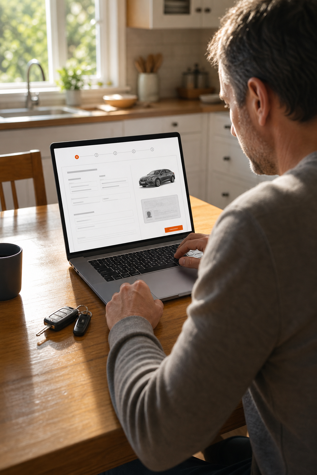 A photorealistic scene of a person sitting at a kitchen table with a laptop open, reviewing an online car title loan application on the screen, with car keys resting beside the keyboard. Natural morning light, warm home interior. Alt: applying for a fast title loan same day online with EZ Car Title Loans.