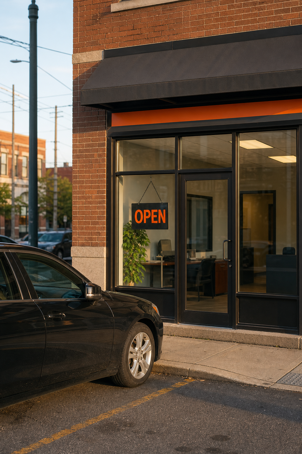 A photorealistic street-level view of a licensed financial services storefront in an urban neighborhood, with a clear open sign in the window and a car parked in front. Warm afternoon light, authentic city backdrop. Alt: state-licensed title lender storefront offering fast title loans same day in high-need markets.