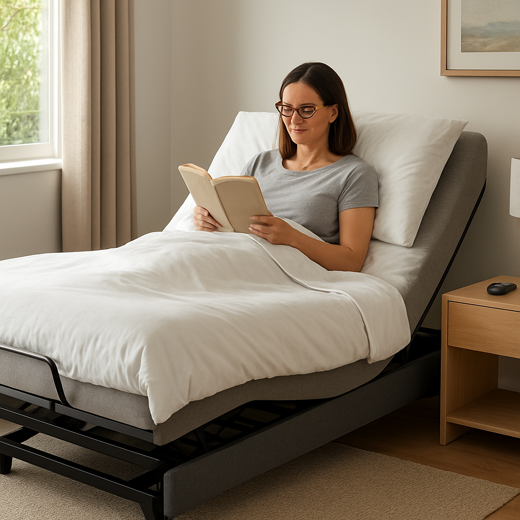 A modern Australian bedroom showing an adjustable bed with a dual‑motor mechanism, a remote on the bedside table, and a person reading comfortably in a semi‑reclined position. Alt: Adjustable bed types and mechanisms for Australian homes