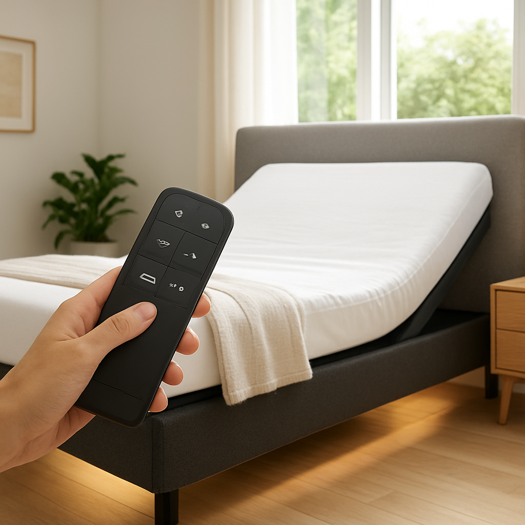 A bright Australian bedroom with a modern adjustable bed base, showing a hand holding a sleek remote, USB‑C port on the headboard, and soft under‑bed lighting. Alt: Adjustable bed controls and smart features in an Australian home.