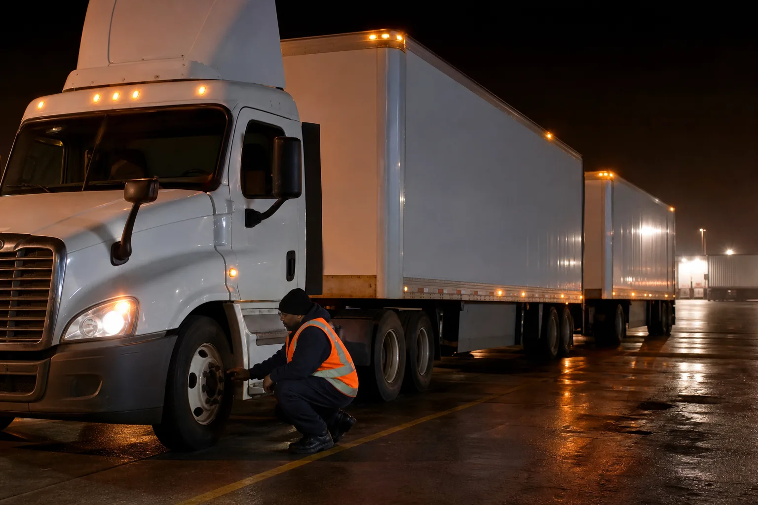 CDL-A driver checking a FedEx Ground linehaul truck in the Inland Empire