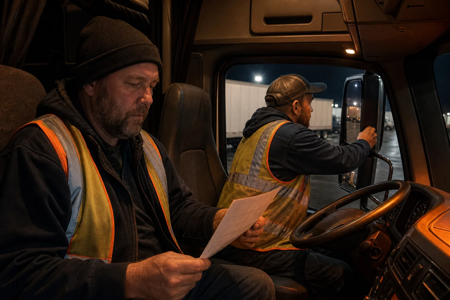 team truck drivers preparing for a night linehaul route