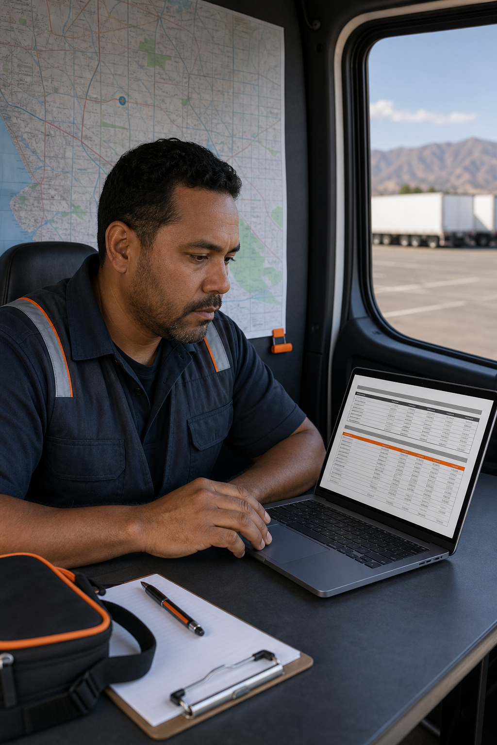 A realistic illustration of a FedEx linehaul driver reviewing a payroll statement on a laptop, with a map of the Inland Empire in the background. Alt: FedEx linehaul driver equipment allowance calculation.