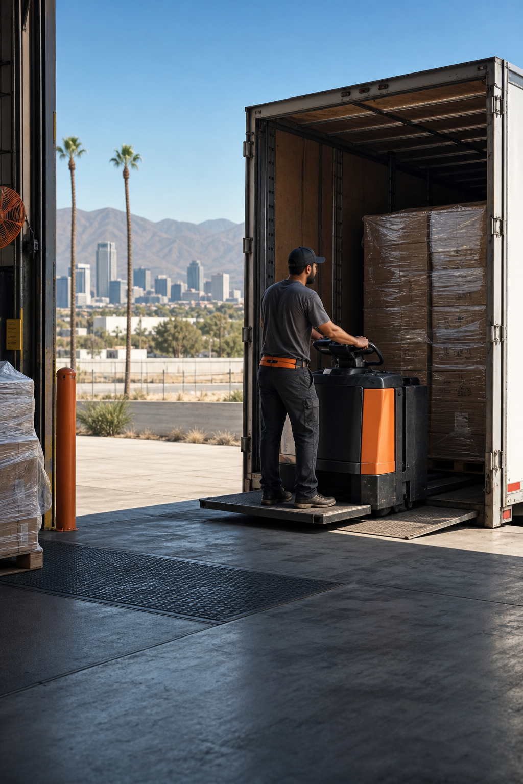 A realistic scene of a FedEx linehaul driver loading a trailer at a warehouse in Riverside, with a clear view of the city skyline. Alt: FedEx linehaul driver equipment allowance in Inland Empire.