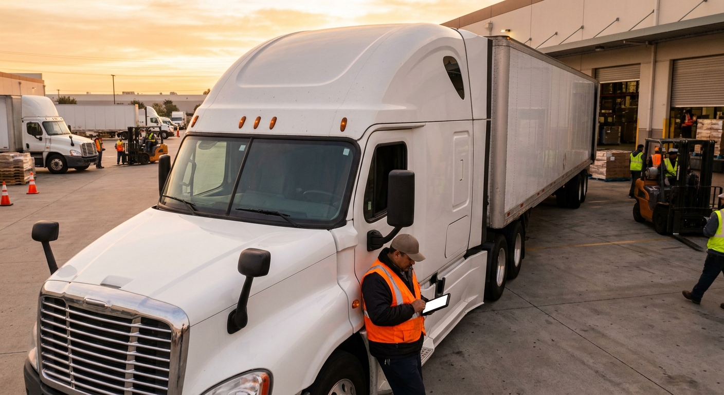 A realistic photo of a FedEx linehaul truck parked at a busy warehouse in the Inland Empire, sunrise lighting, driver in safety gear reviewing a tablet. Alt: FedEx linehaul driver overtime pay Inland Empire
