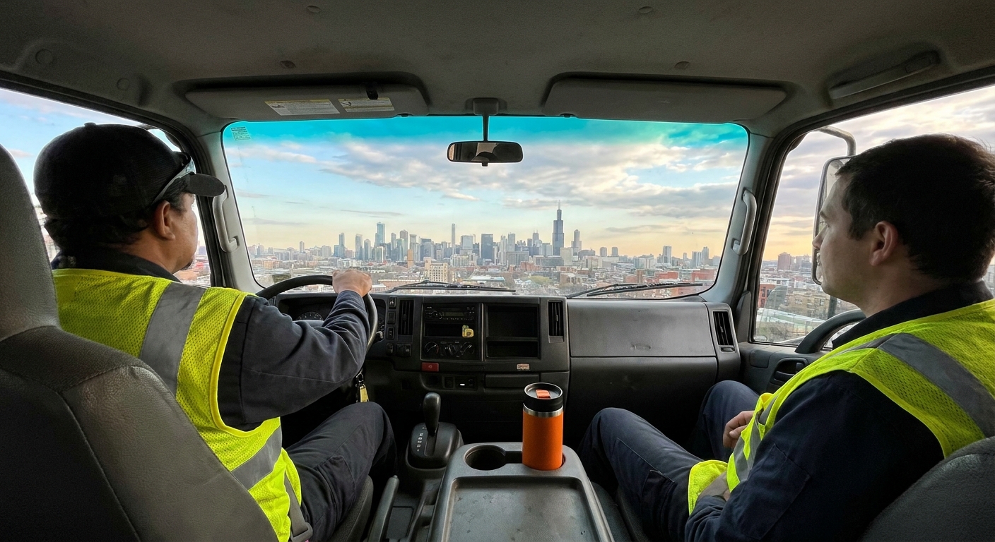 A realistic scene of two FedEx drivers in a Newman truck, one behind the wheel and the other in the passenger seat, both wearing reflective vests, with a city skyline in the background. Alt: Team driving with Newman overtime pay Inland Empire