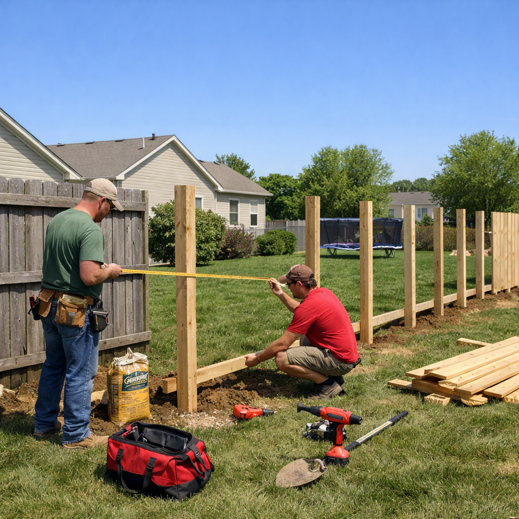 A realistic view of a suburban backyard with a half‑installed fence, showing workers measuring, with a clear sky. Alt: fence installation cost regional comparison
