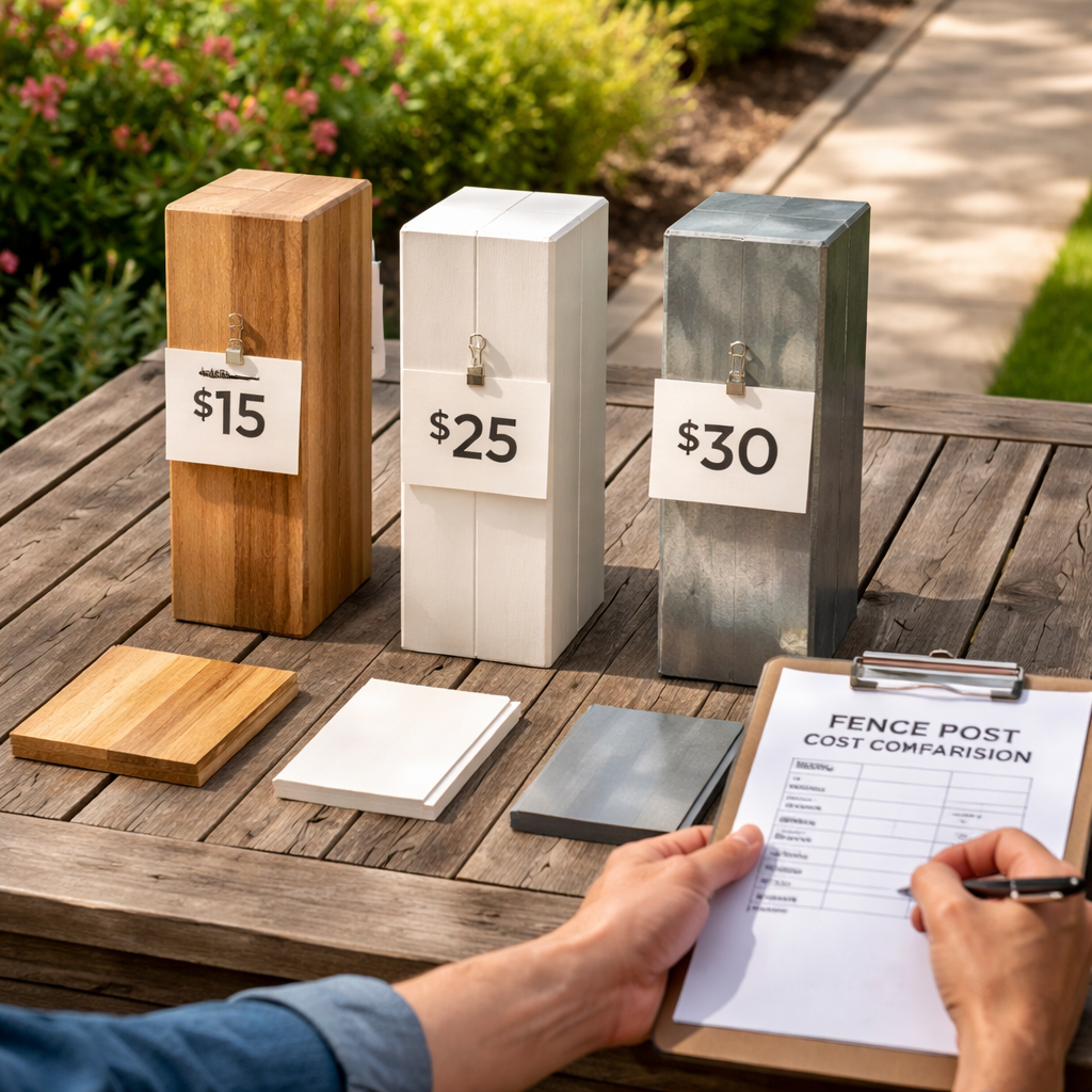 A photorealistic scene of a homeowner comparing wood, vinyl, and steel fence posts laid out on a garden table, showing price tags and material samples. Alt: fence post material cost comparison.