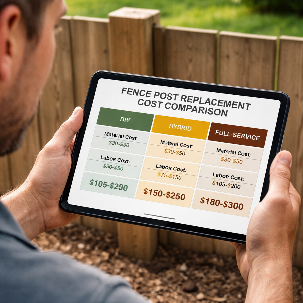 A photorealistic scene of a homeowner looking at a tablet displaying a fence post replacement cost comparison table, with DIY, hybrid, and full‑service columns. Alt: fence post replacement cost comparison table.