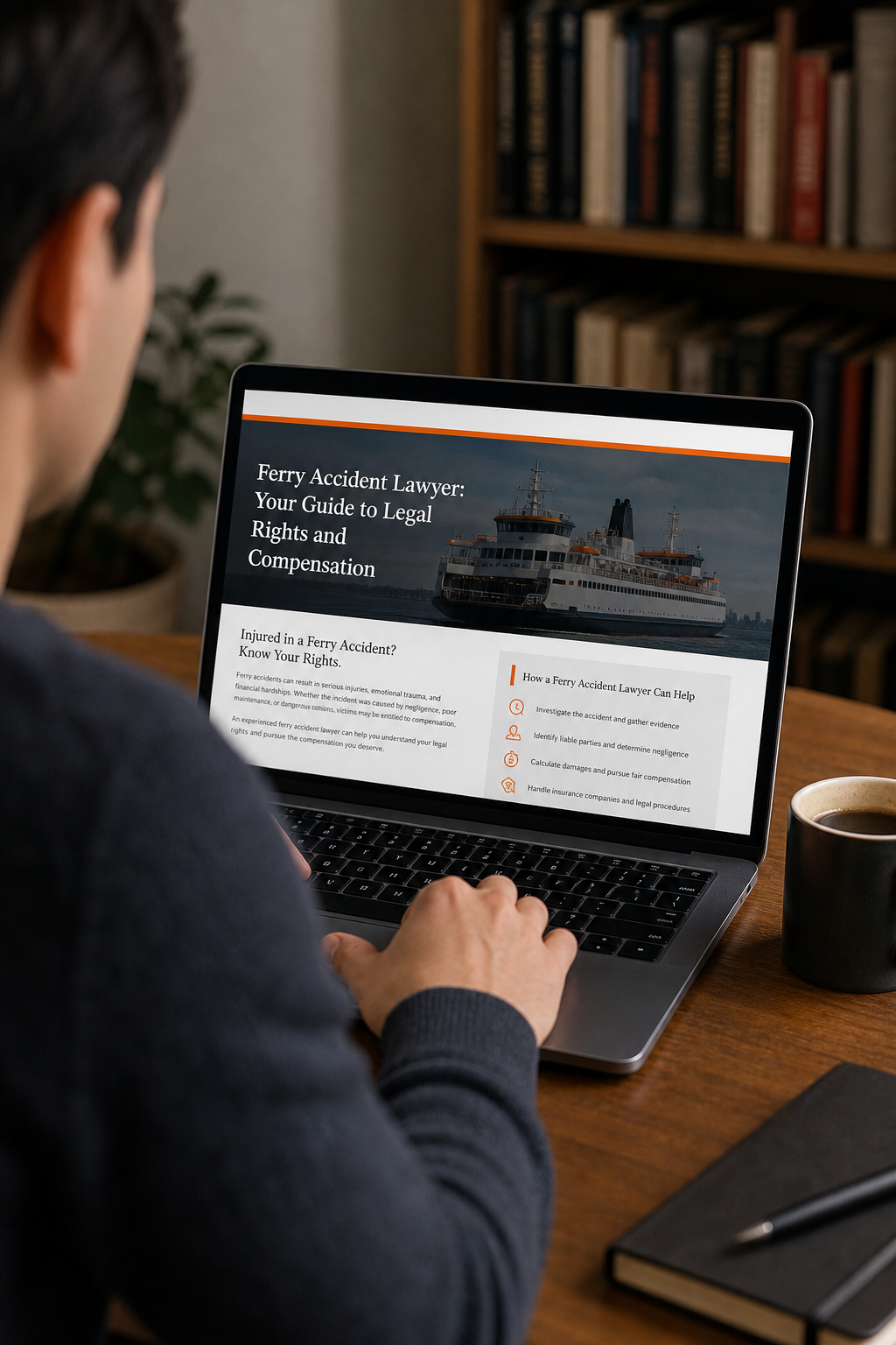 A photorealistic image of a person researching on a laptop with a legal website open, beside a cup of coffee, bookshelf in background. Alt: researching ferry accident lawyer online