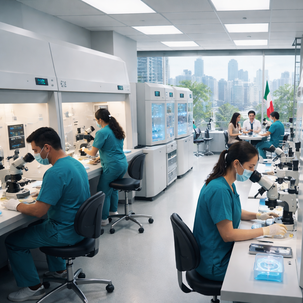 A photorealistic view of a modern fertility clinic lab in Mexico City, with embryologists working at microscopes, incubators glowing, and patients consulting with doctors. Alt: modern fertility clinic laboratory in Mexico City showing IVF procedures