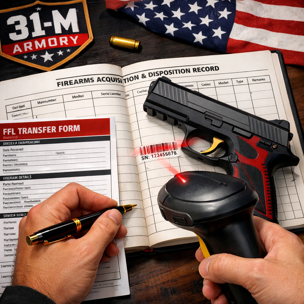 A realistic illustration of a gun being logged into an FFL dealer’s bound book, showing paperwork and a barcode scanner. Alt: FFL transfer paperwork process illustration.