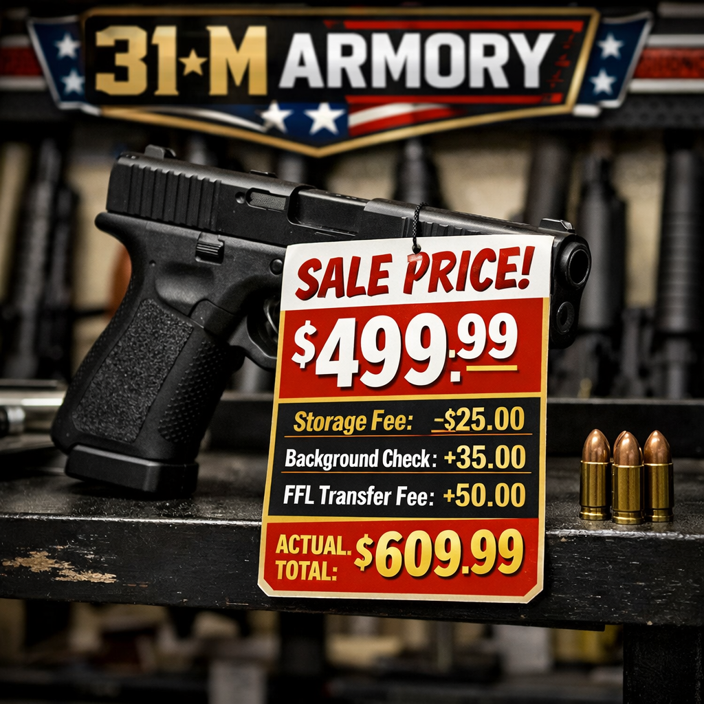 A realistic scene showing a gun sitting on a shelf with a price tag that includes hidden fees like storage and state background check. Alt: Visual of hidden FFL transfer fees illustration.