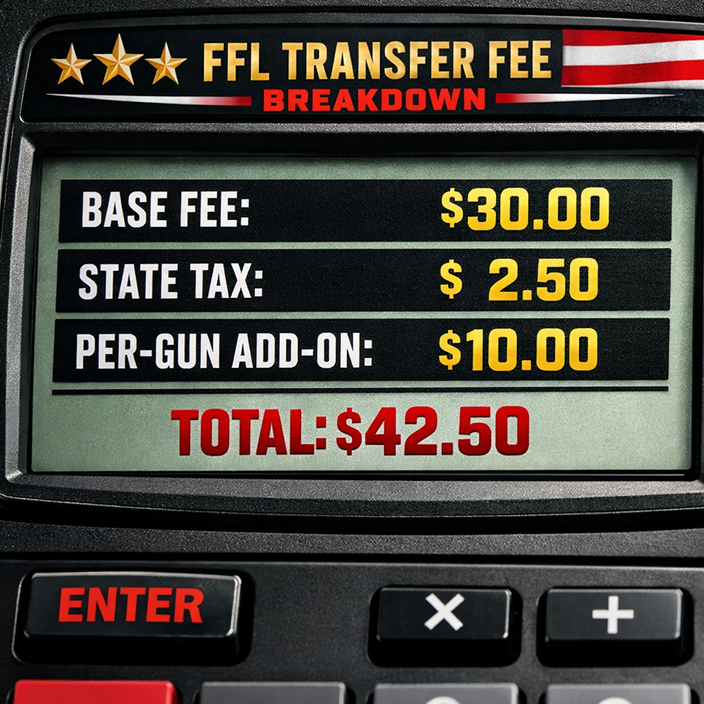 A realistic illustration of a calculator screen showing line items for base fee, state tax, and per‑gun add‑on. Alt: ffl transfer fee breakdown chart.