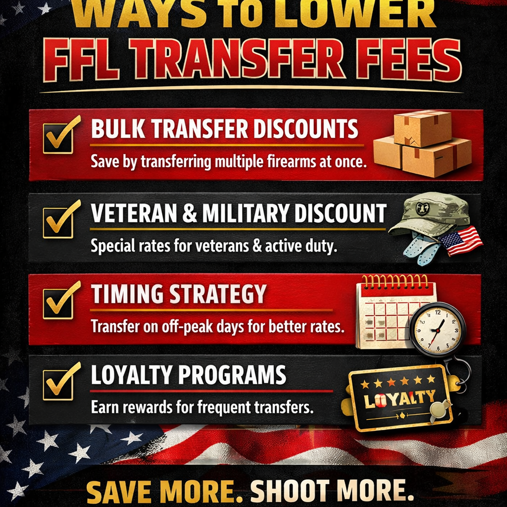 A realistic infographic showing a checklist of fee‑saving tips, such as bulk discounts, veteran discount, and timing strategies. Alt: ways to lower ffl transfer fee.
